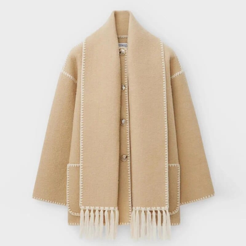 Women’s Contrast Trim Scarfed Wool Coat - Fringed Pocket Detail Outerwear