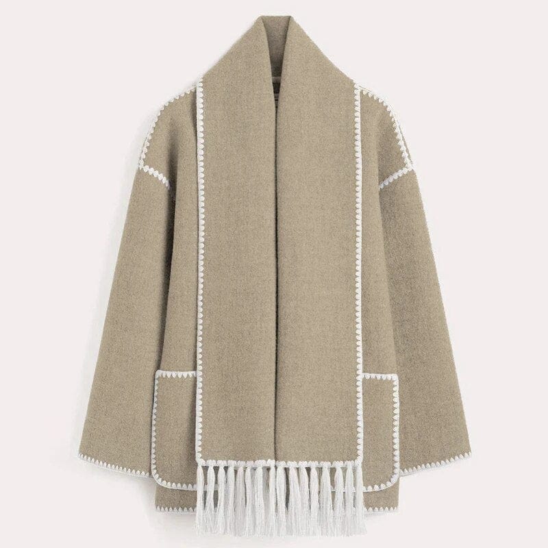 Women’s Contrast Trim Scarfed Wool Coat - Fringed Pocket Detail Outerwear