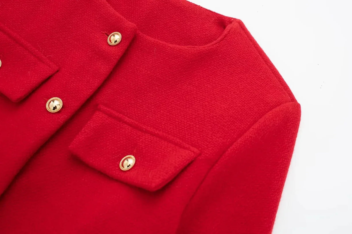 Women’s Cropped Wool Jacket - Gold Button Pocket Detail Blazer