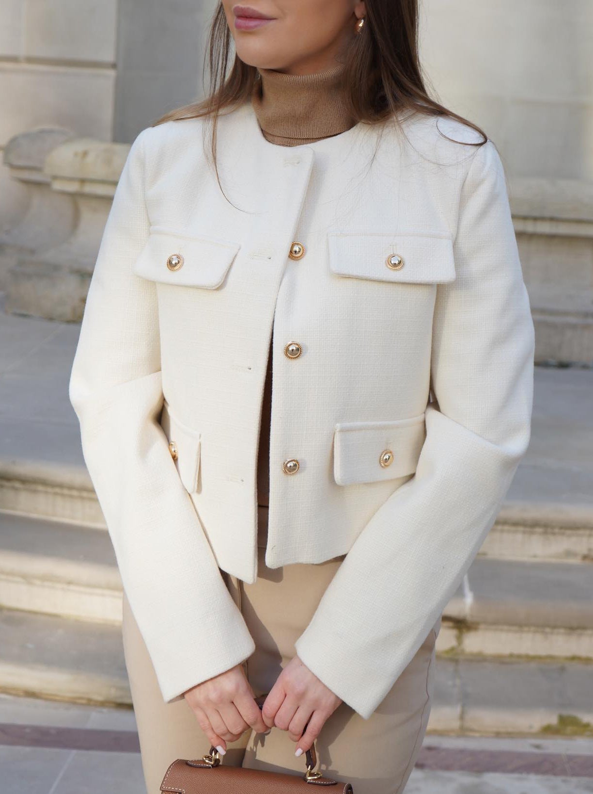 Women’s Cropped Wool Jacket - Gold Button Pocket Detail Blazer