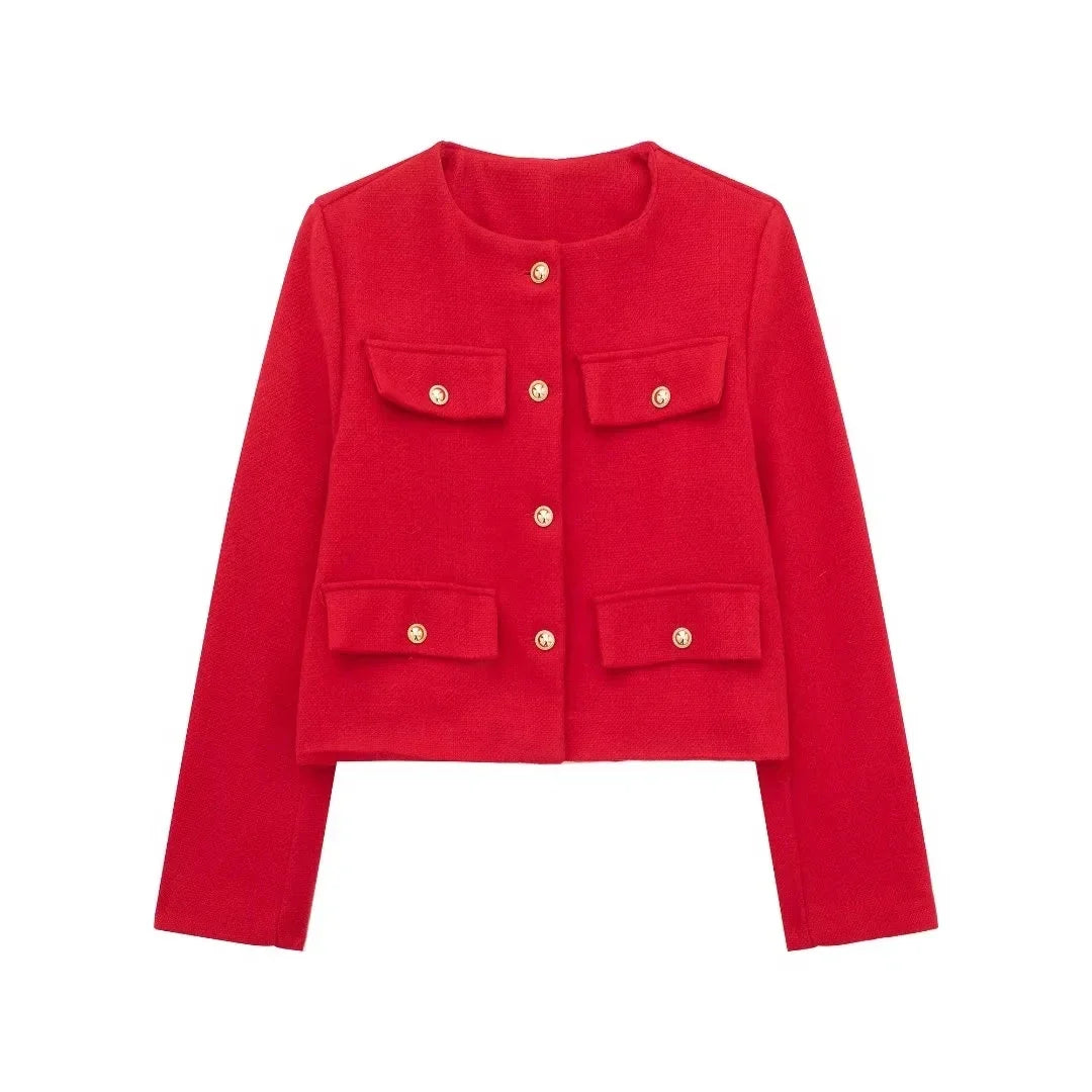 Women’s Cropped Wool Jacket - Gold Button Pocket Detail Blazer