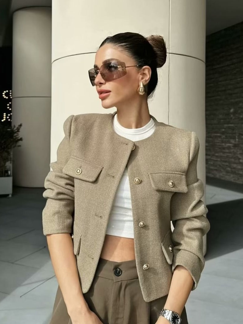 Women’s Cropped Wool Jacket - Gold Button Pocket Detail Blazer
