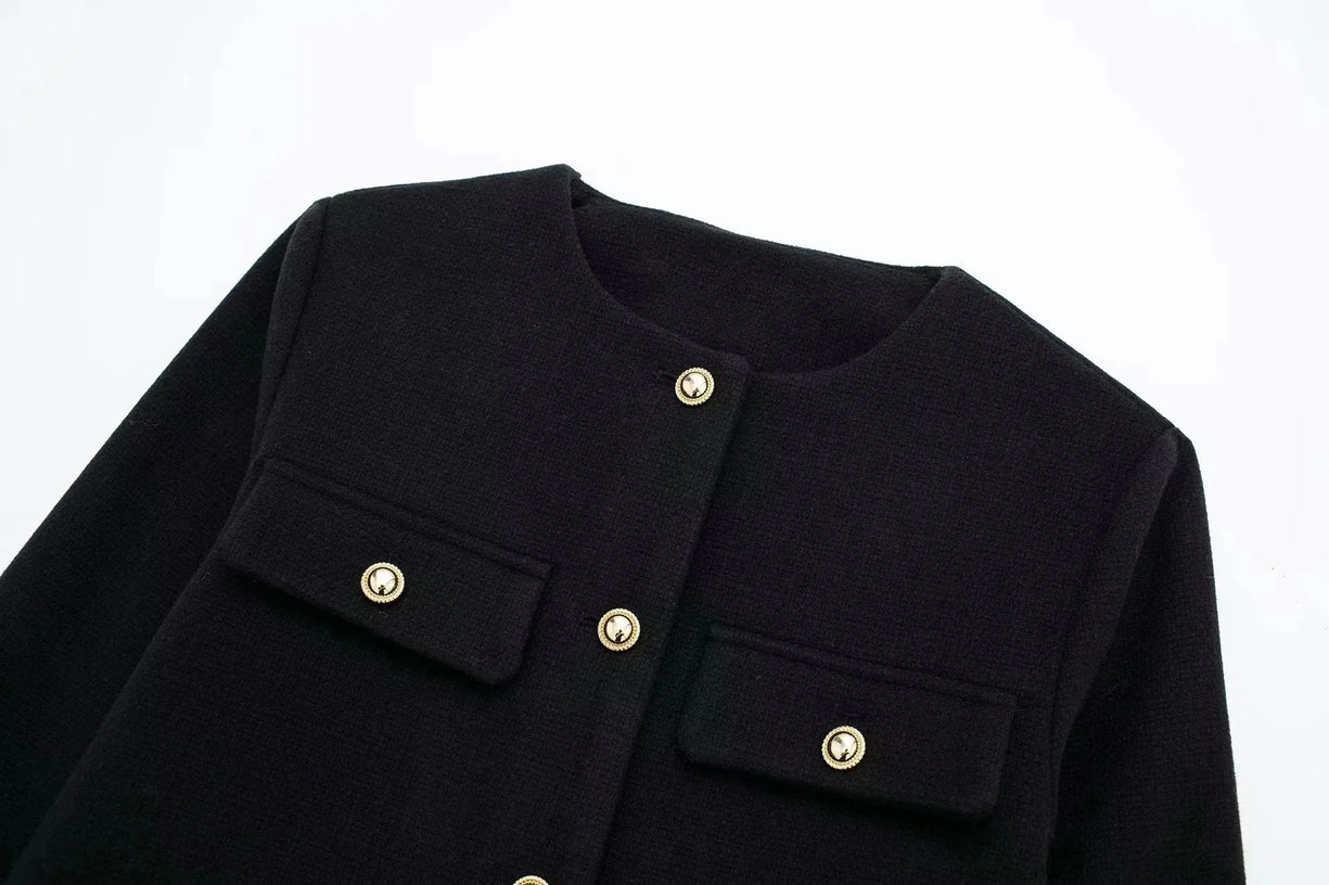 Women’s Cropped Wool Jacket - Gold Button Pocket Detail Blazer