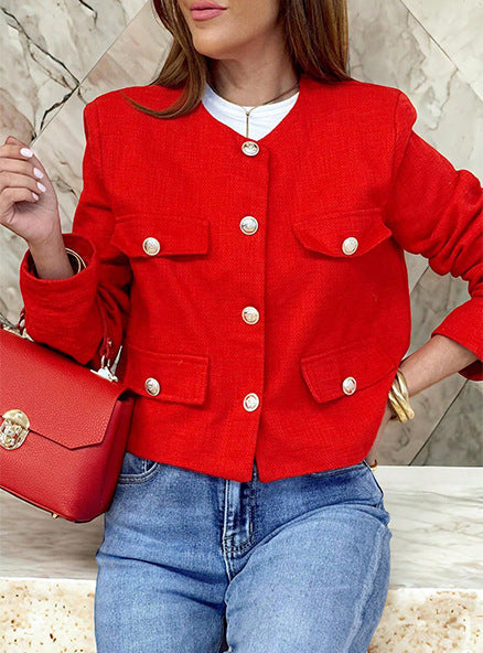 Women’s Cropped Wool Jacket - Gold Button Pocket Detail Blazer