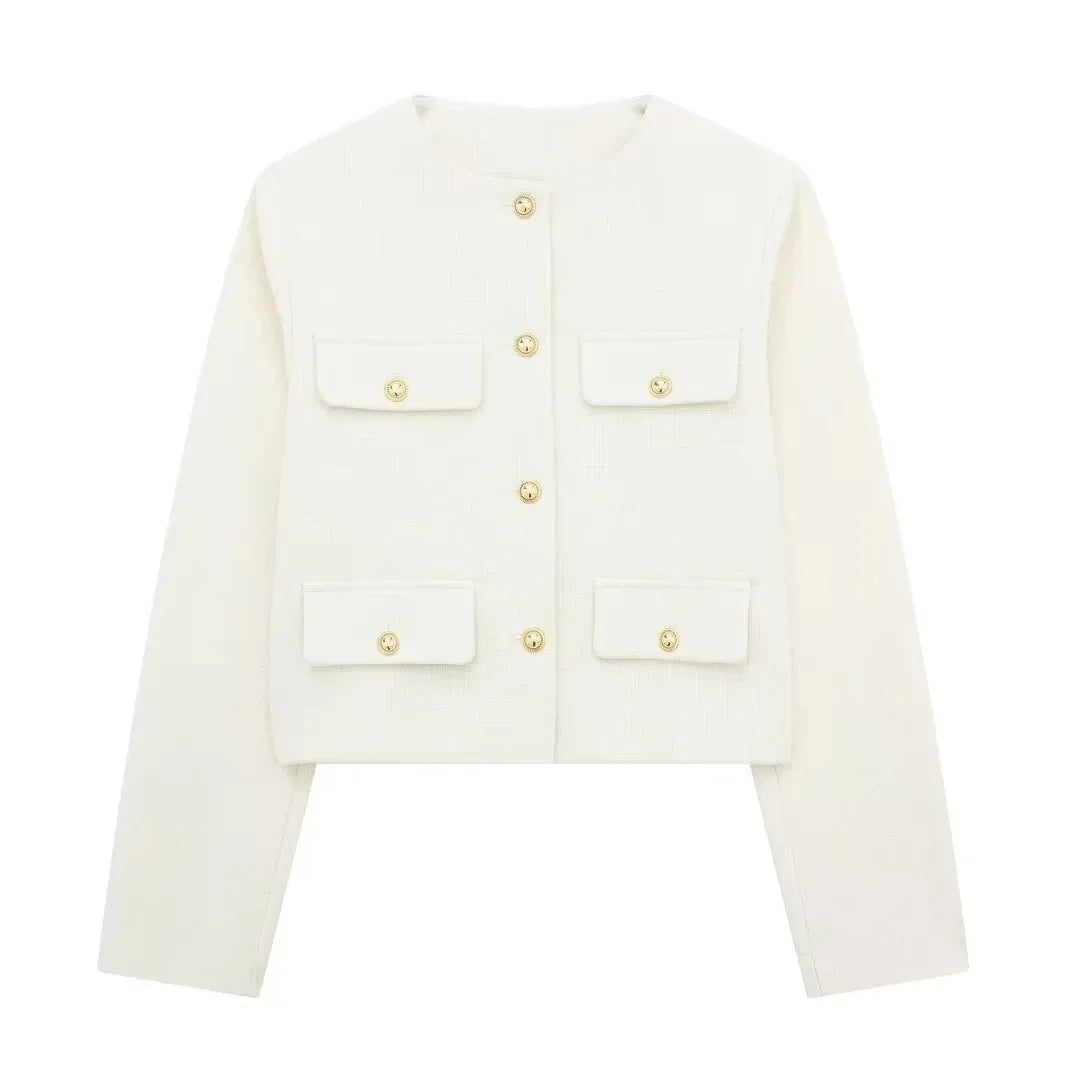 Women’s Cropped Wool Jacket - Gold Button Pocket Detail Blazer