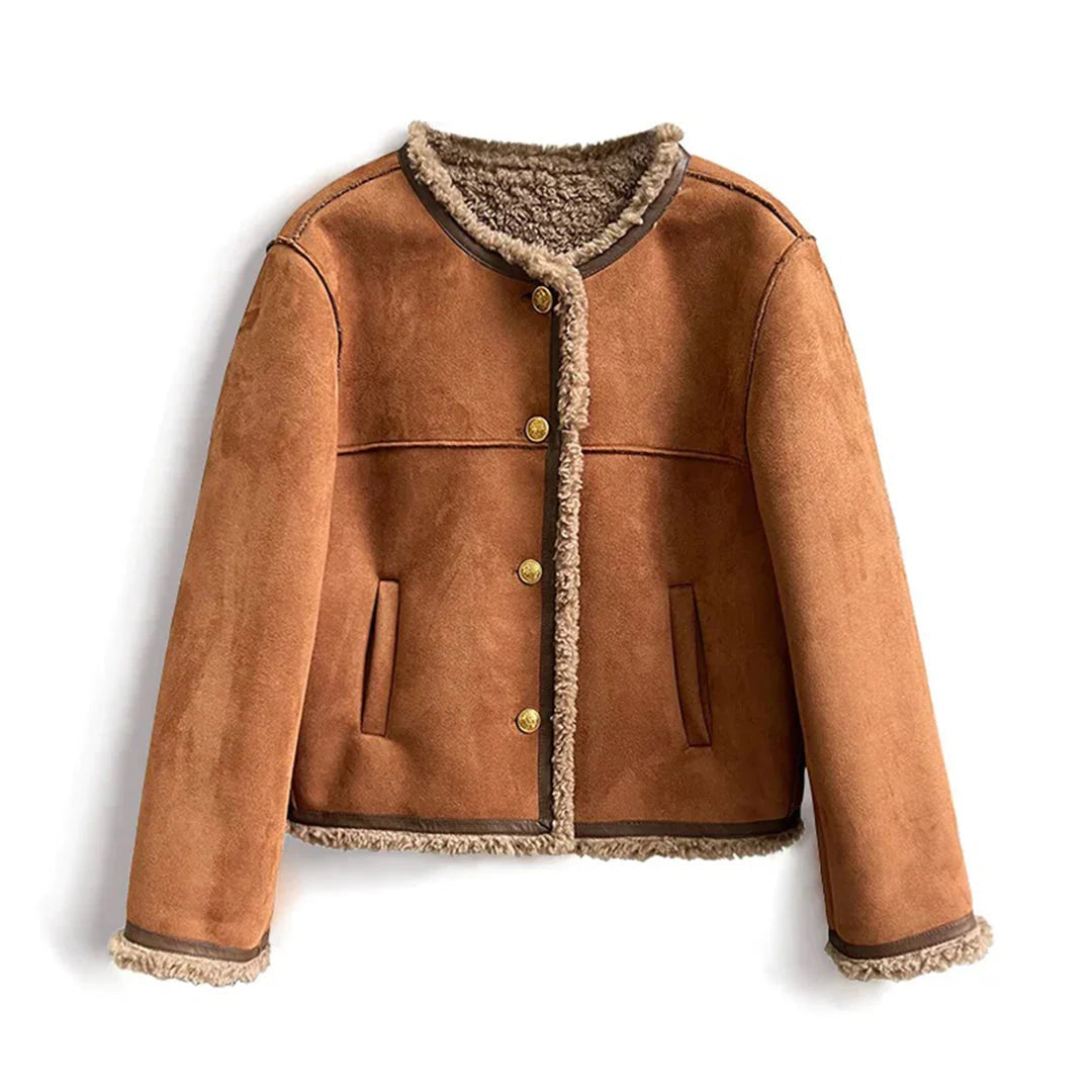 Women’s Faux Shearling Lined Suede Jacket - Short Cozy Buttoned Outerwear