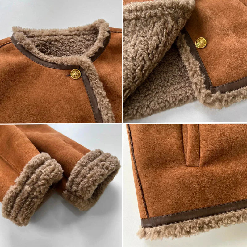 Women’s Faux Shearling Lined Suede Jacket - Short Cozy Buttoned Outerwear