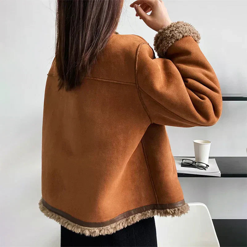 Women’s Faux Shearling Lined Suede Jacket - Short Cozy Buttoned Outerwear