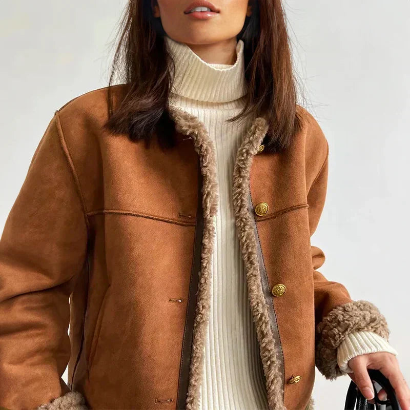 Women’s Faux Shearling Lined Suede Jacket - Short Cozy Buttoned Outerwear