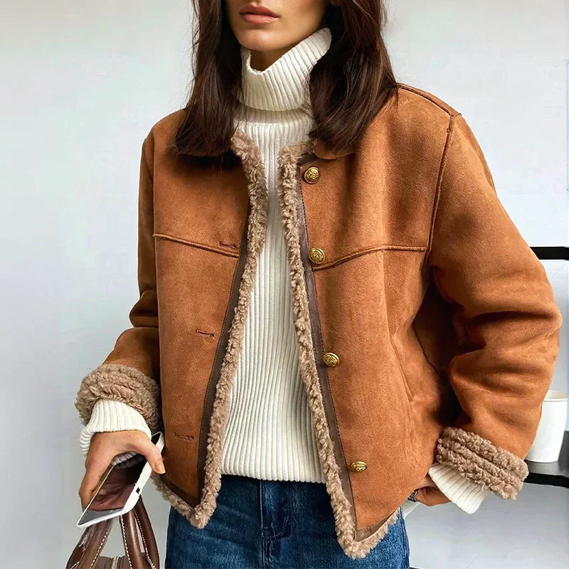 Women’s Faux Shearling Lined Suede Jacket - Short Cozy Buttoned Outerwear
