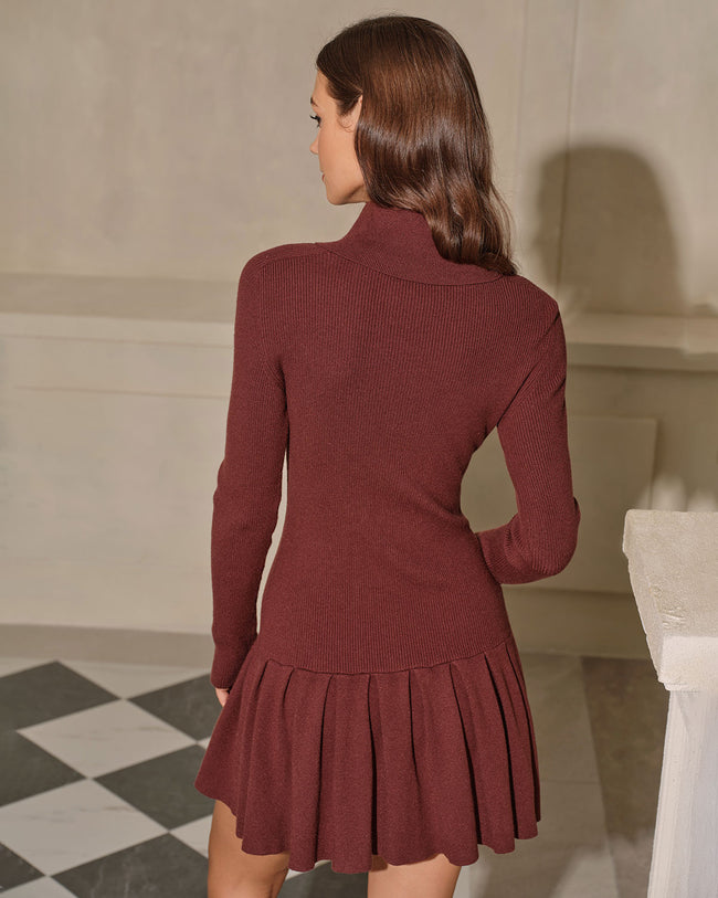 Women’s Ribbed Knit Collared Sweater Dress - Long Sleeve Pleated Mini