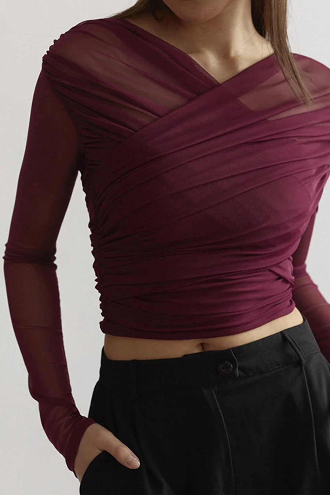 Women’s Ruched Mesh Long Sleeve Top - Cross-Front Fitted Blouse