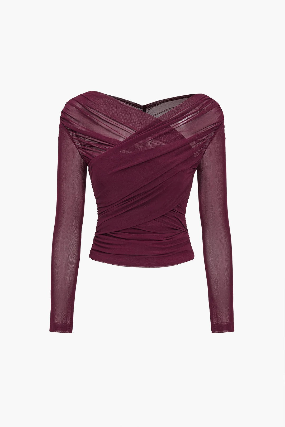 Women’s Ruched Mesh Long Sleeve Top - Cross-Front Fitted Blouse