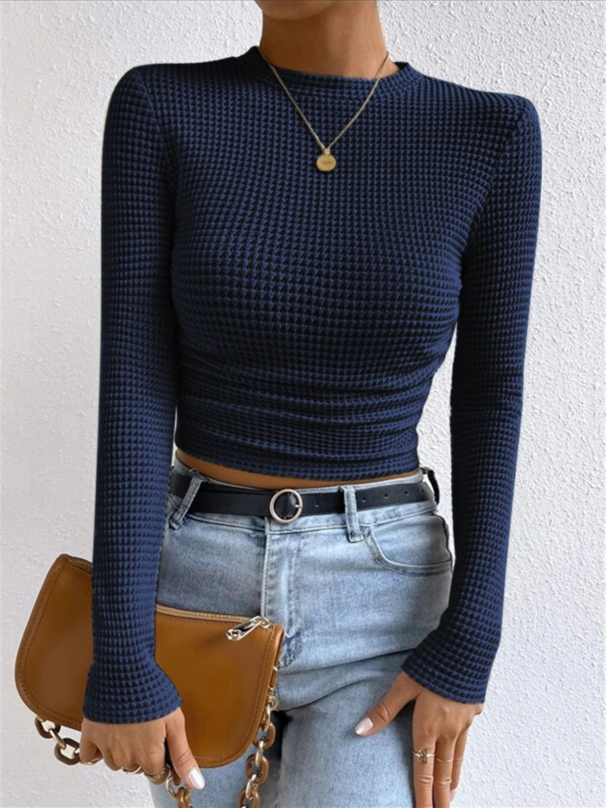 Women’s Textured Long Sleeve Fitted Top - Waffle Knit Stretch Pullover