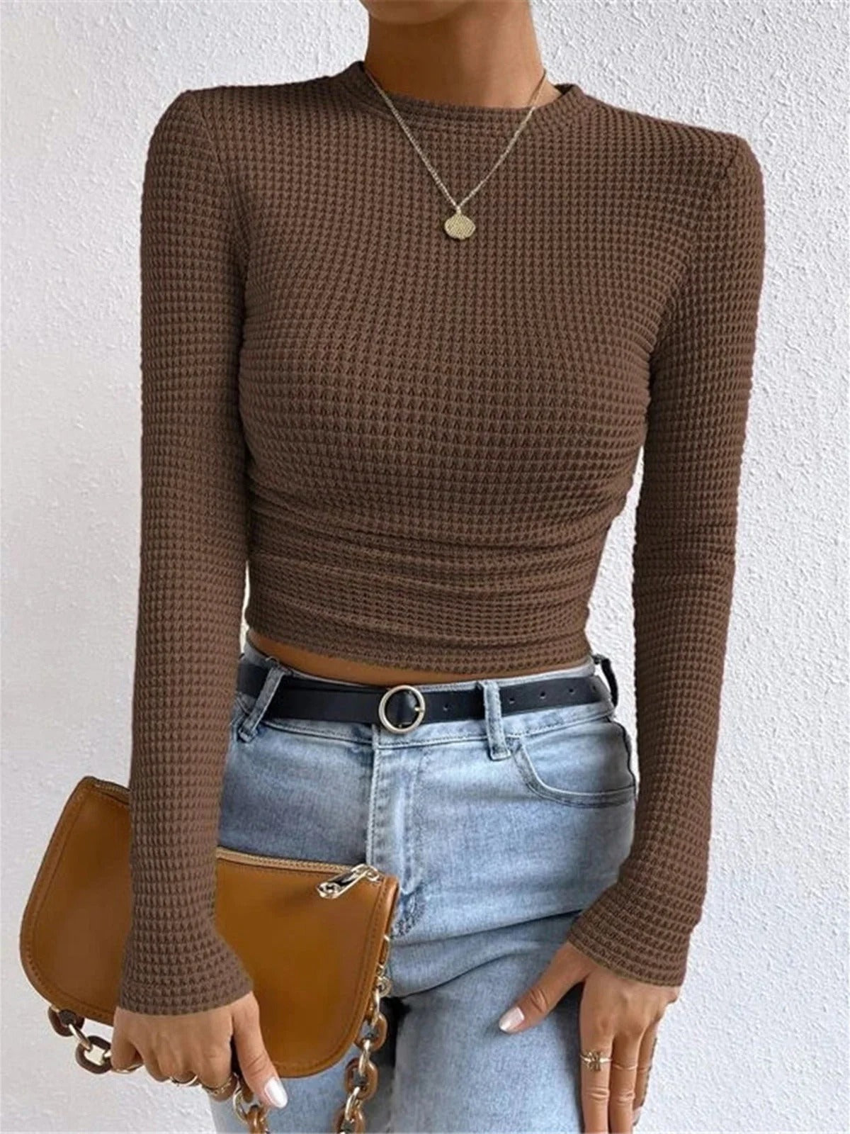 Women’s Textured Long Sleeve Fitted Top - Waffle Knit Stretch Pullover