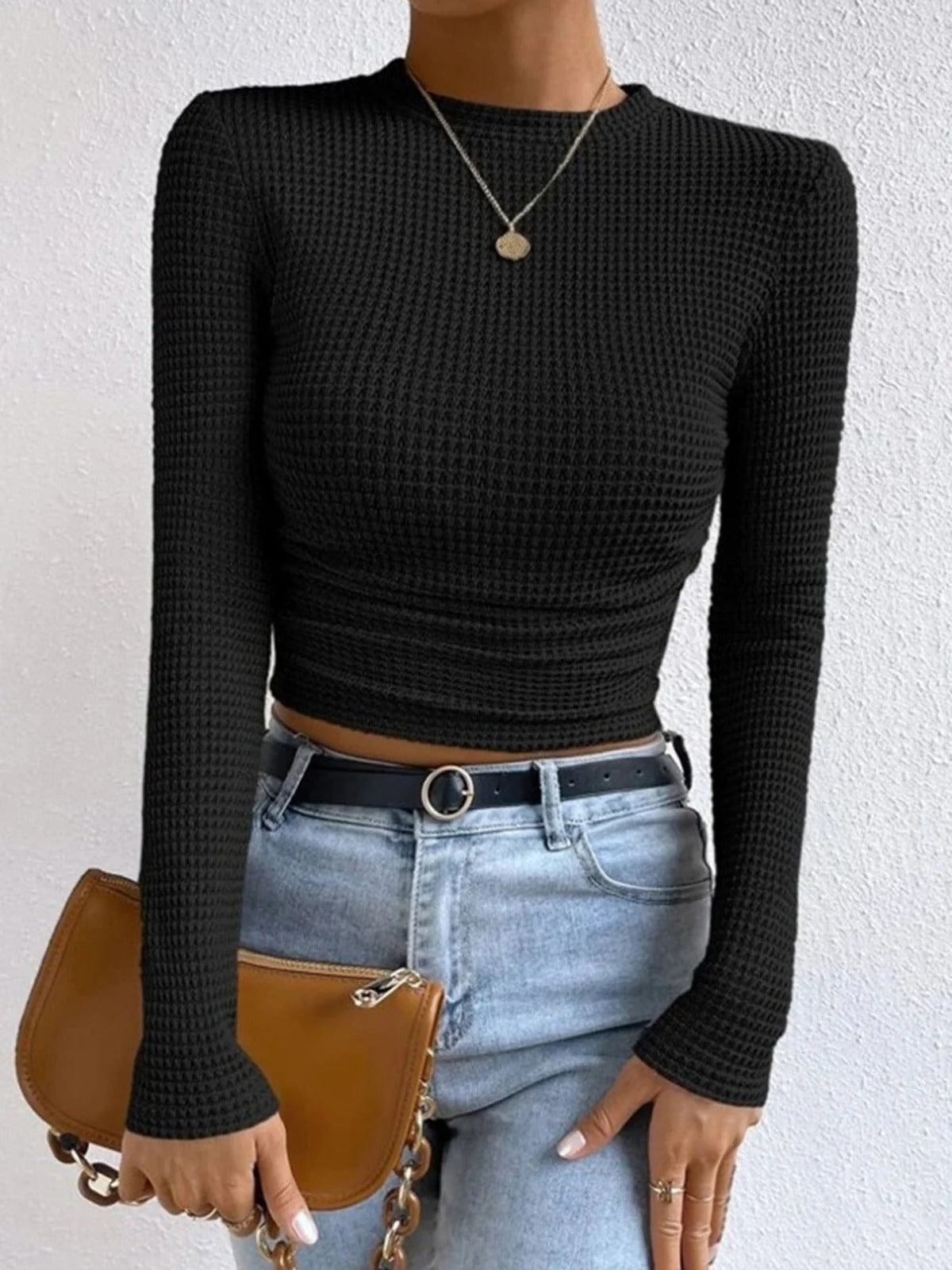 Women’s Textured Long Sleeve Fitted Top - Waffle Knit Stretch Pullover