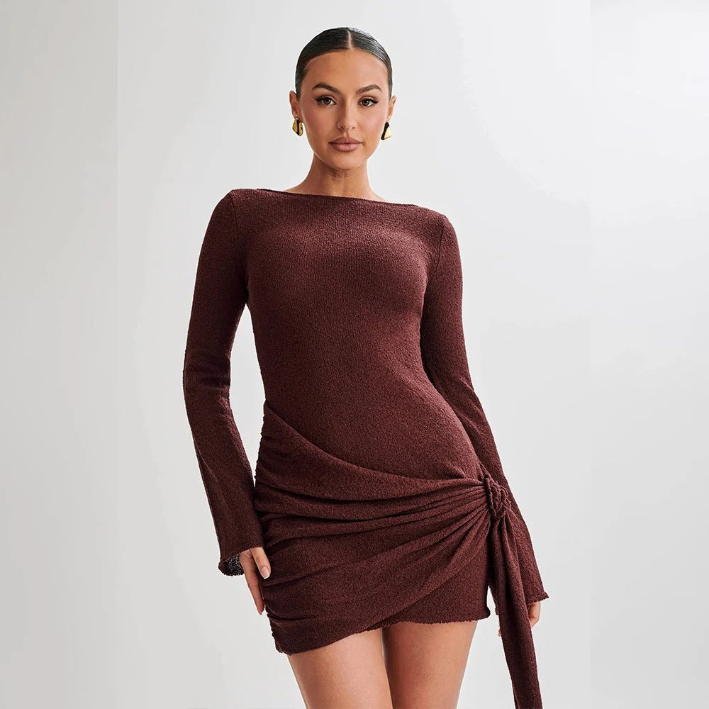 Women’s Textured Side-Tie Mini Dress - Long Sleeve Ruched Backless Fit