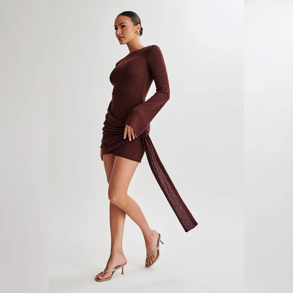 Women’s Textured Side-Tie Mini Dress - Long Sleeve Ruched Backless Fit