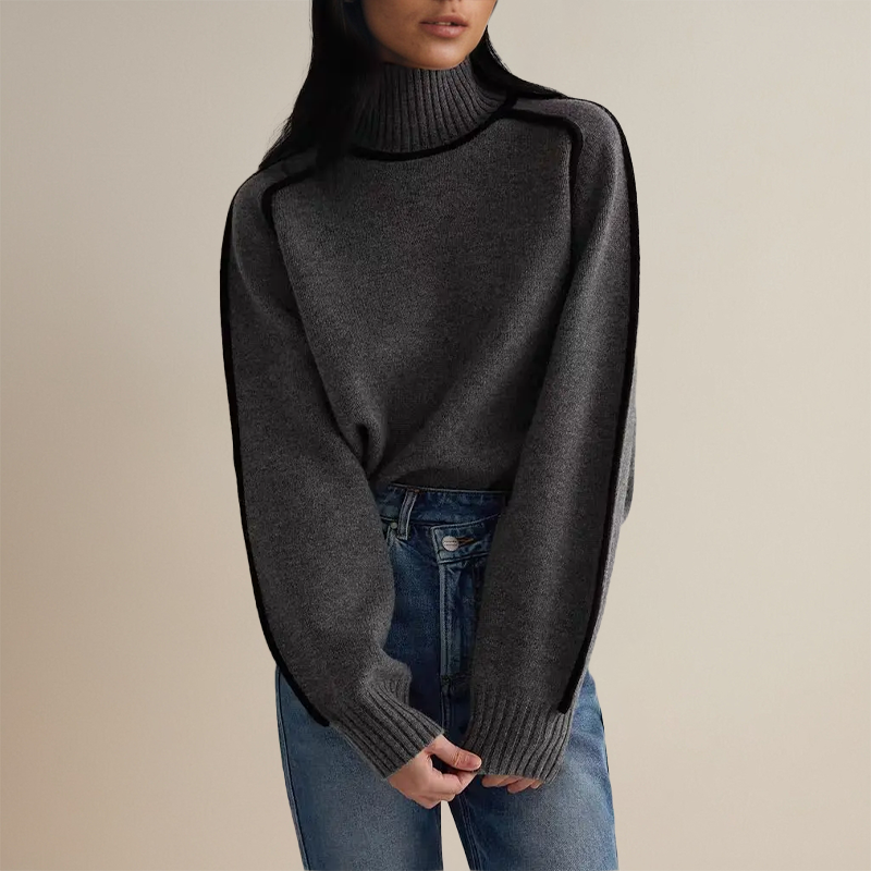 Women’s Turtleneck Knit Sweater - Contrast Trim Batwing Sleeve Pullover