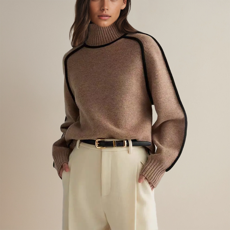 Women’s Turtleneck Knit Sweater - Contrast Trim Batwing Sleeve Pullover