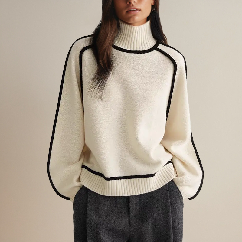 Women’s Turtleneck Knit Sweater - Contrast Trim Batwing Sleeve Pullover