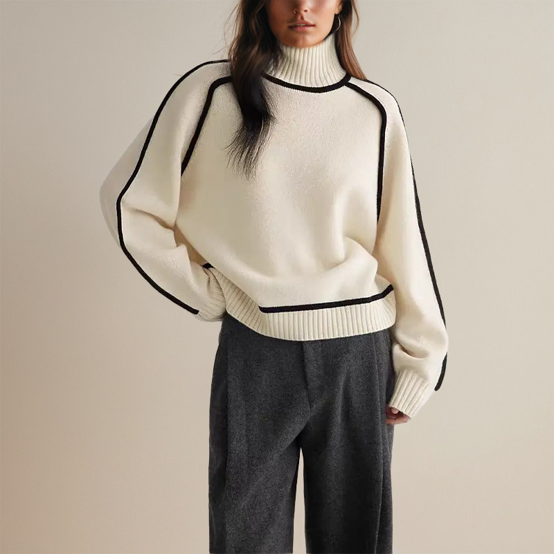 Women’s Turtleneck Knit Sweater - Contrast Trim Batwing Sleeve Pullover