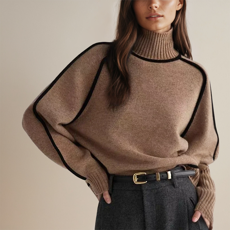 Women’s Turtleneck Knit Sweater - Contrast Trim Batwing Sleeve Pullover