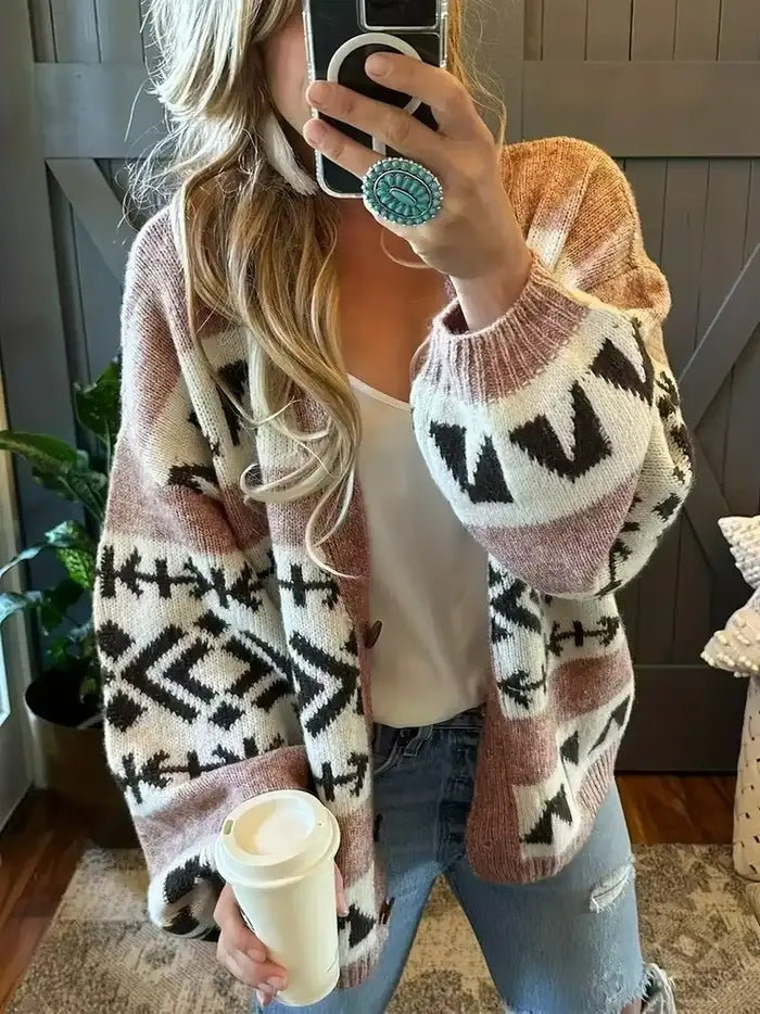 Women’s Boho Geometric Knit Cardigan - Open-Front Sweater