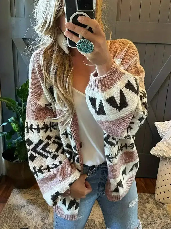 Women’s Boho Geometric Knit Cardigan - Open-Front Sweater