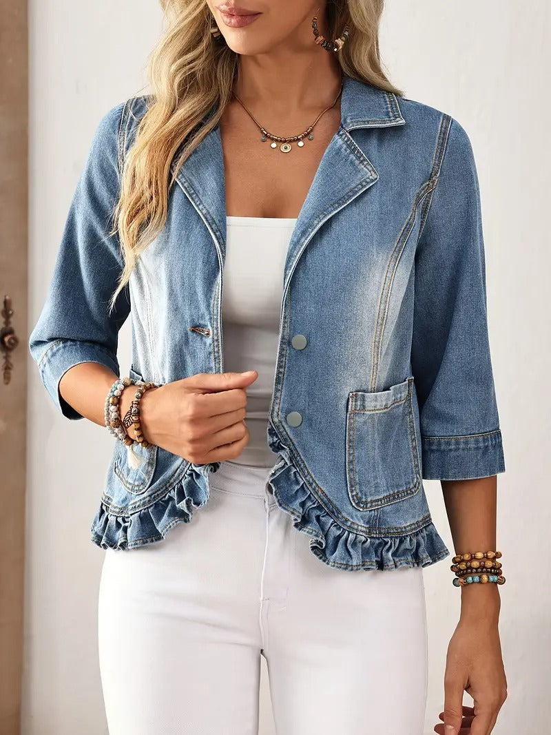 Women’s Ruffled Denim Blazer Jacket - Light-Wash Jean Outerwear