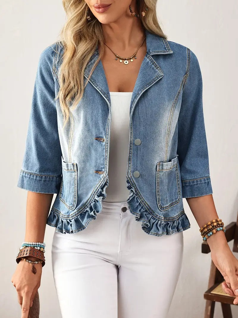 Women’s Ruffled Denim Blazer Jacket - Light-Wash Jean Outerwear