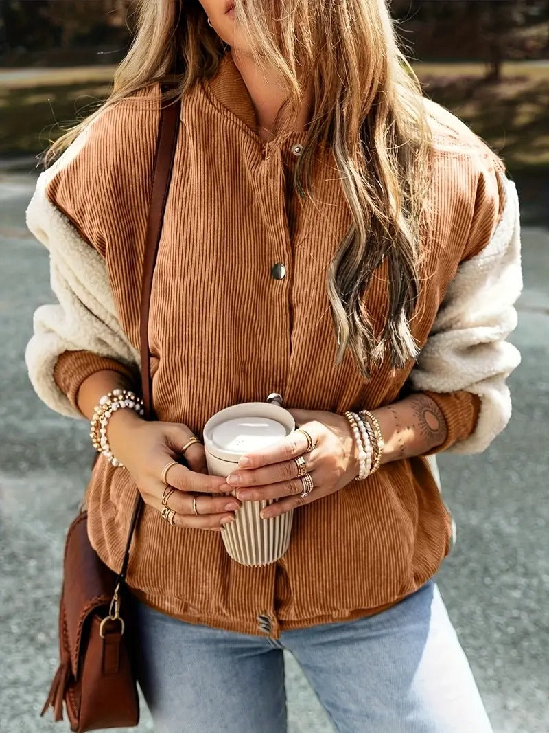 Women’s Corduroy Sherpa Bomber Jacket - Button-Up Fall Jacket