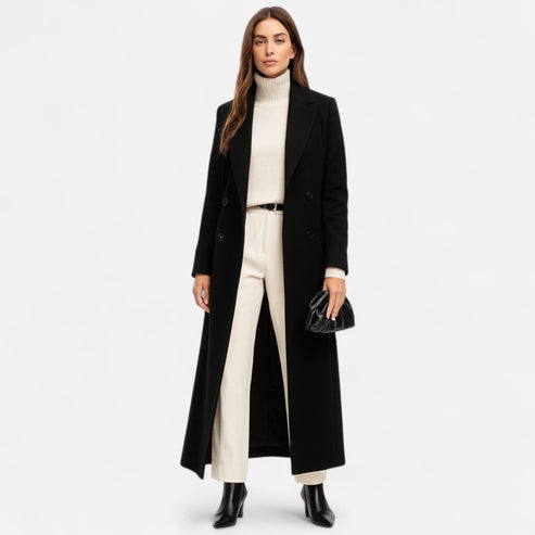Women’s Longline Maxi Coat - Tailored Double-Breasted Winter Overcoat