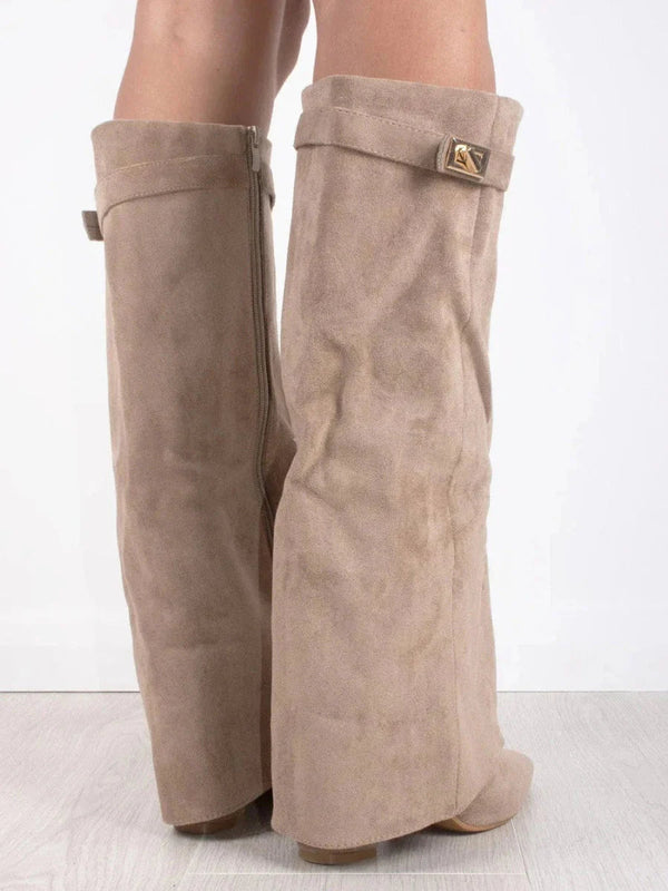 Women’s Knee-High Boots - Pointed Toe Statement Buckle
