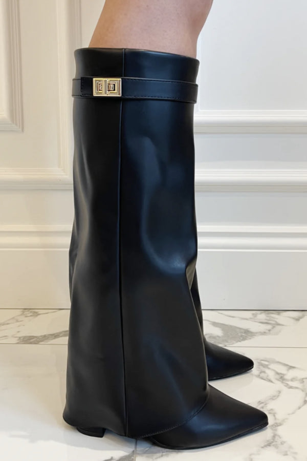 Women’s Knee-High Boots - Pointed Toe Statement Buckle