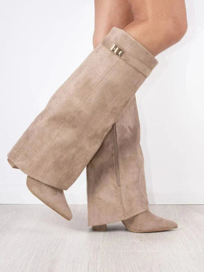 Women’s Knee-High Boots - Pointed Toe Statement Buckle