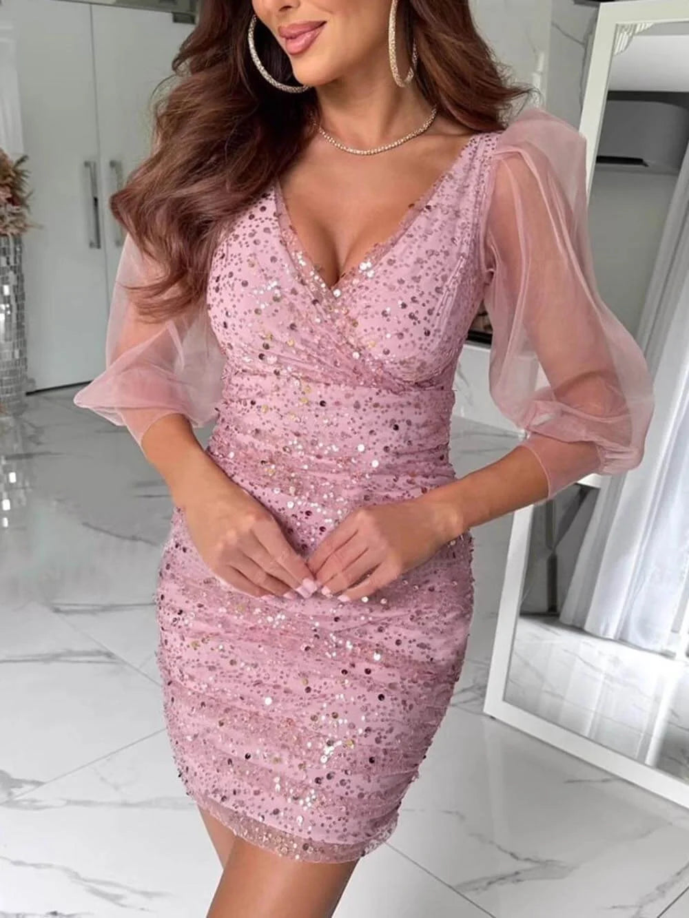 Women's Sequin Wrap-Sleeve Mini Party Dress