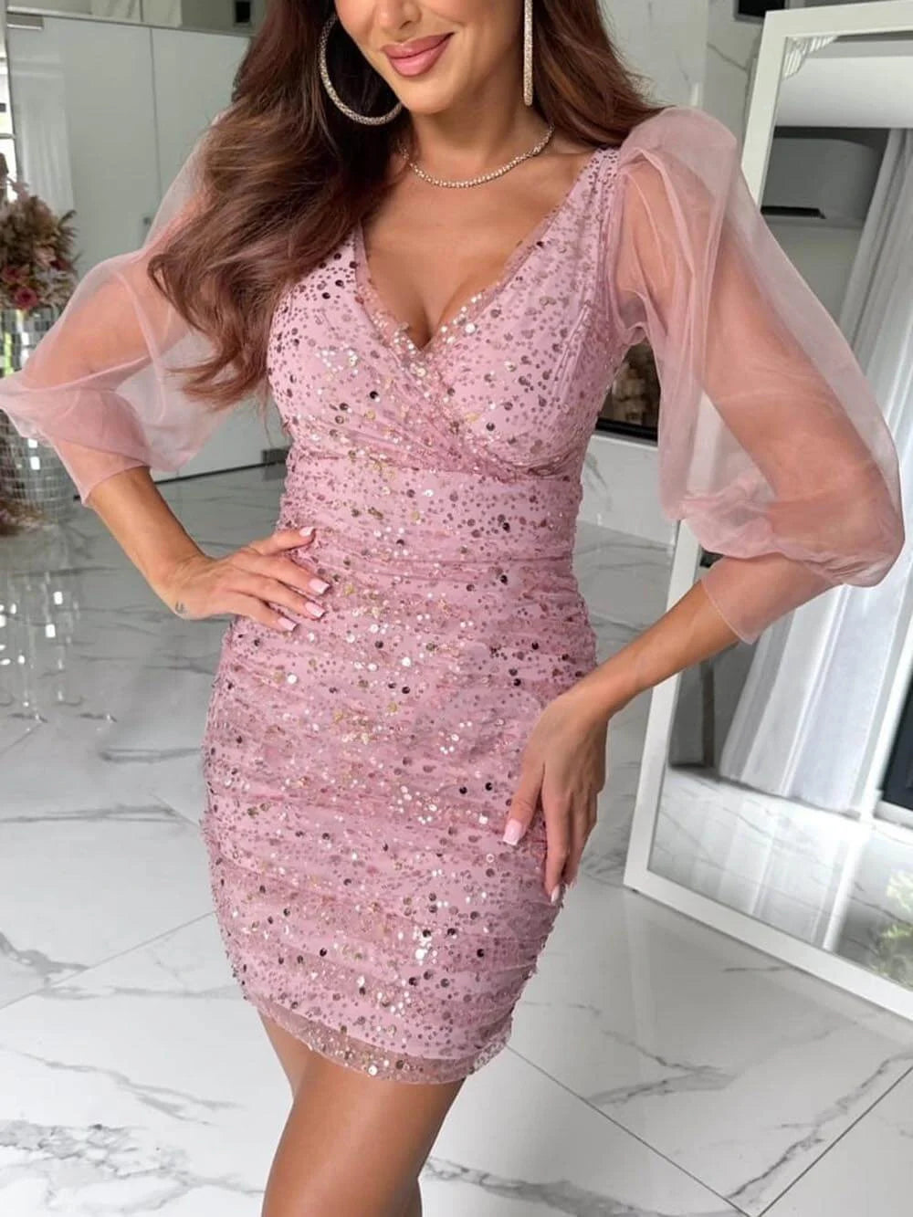 Women's Sequin Wrap-Sleeve Mini Party Dress