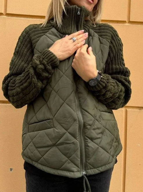 Women’s Quilted Jacket - Textured Sleeve Zip-Up Funnel Neck