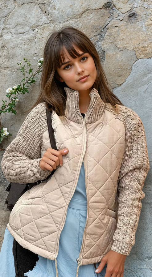 Women’s Quilted Jacket - Textured Sleeve Zip-Up Funnel Neck