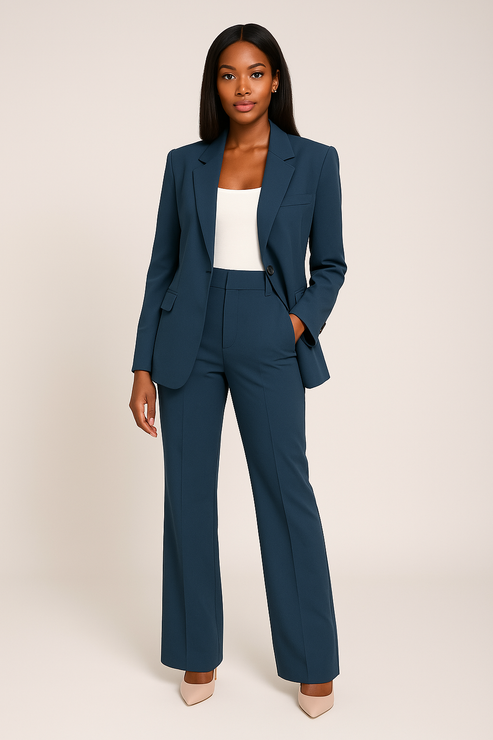 Women’s Tailored Pantsuit - Elegant Blazer Straight-Leg Trousers Set