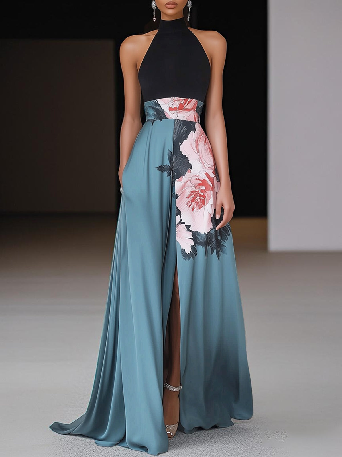 Women's Floral Crew Neck Sleeveless Maxi Dress