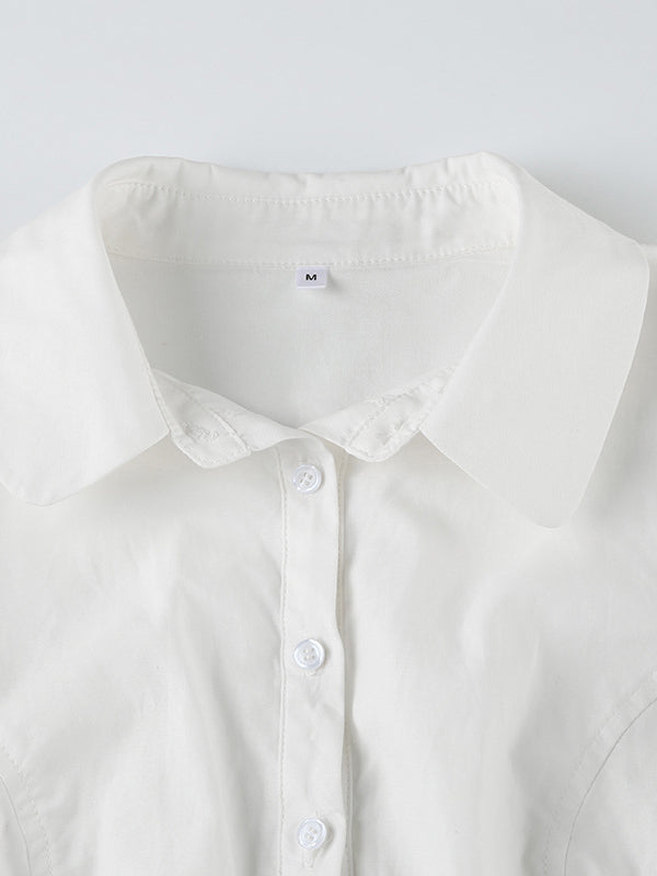White Vintage V-Neck Short-Sleeve Slim-Waist Shirt