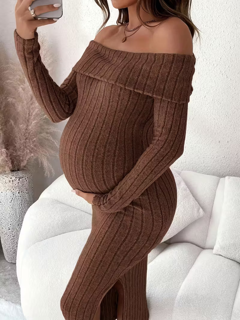 Women’s Maternity Off-Shoulder Ribbed Knit Dress - Long Sleeve Bodycon Midi