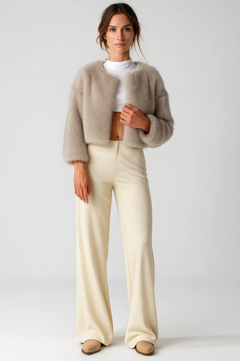 Women’s Cropped Faux Fur Jacket - Modern Open Front Coat