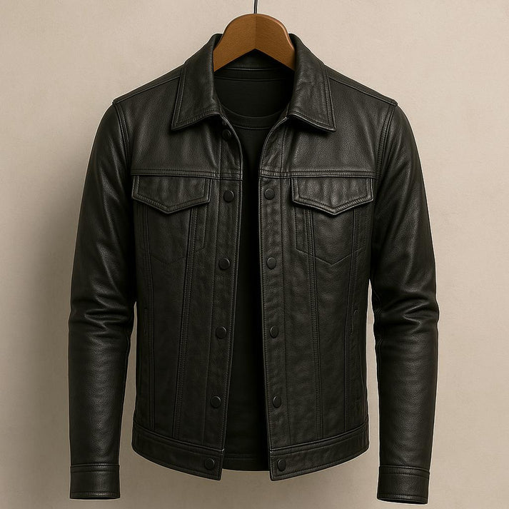 Men’s Classic Leather Jacket - Button-Front Casual Outerwear