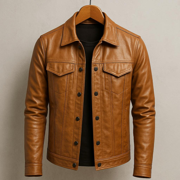 Men’s Classic Leather Jacket - Button-Front Casual Outerwear