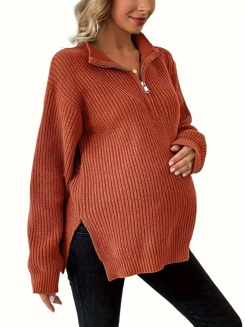 Women’s Maternity Half Zip Knit Pullover - Long Sleeve Oversized Sweater