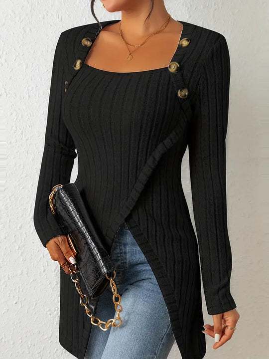 Women’s Long Sleeve Tunic Top - Square Neck Button Detail