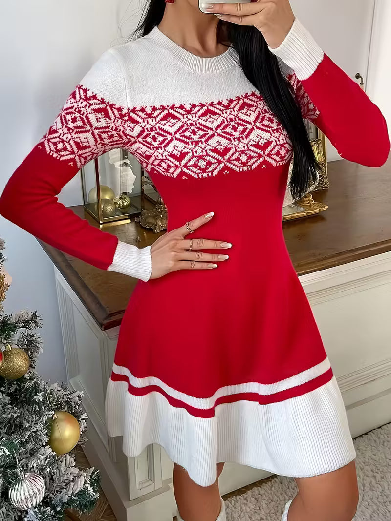 Women’s Festive Knit Flare Dress - Long Sleeve Holiday Fit-and-Flare